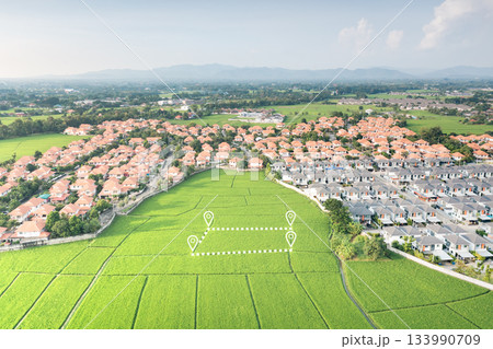 Land plot in aerial view and concept of real estate or property. Land plot in aerial view and concept of real estate or property. 133990709