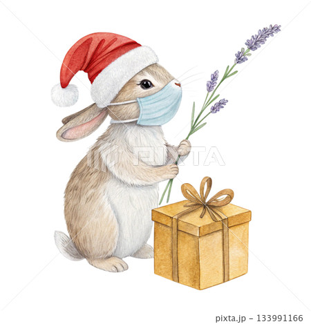 Cute bunny wearing a Santa hat covering its face standing on a gift box Cute bunny wearing a Santa hat covering its face standing on a gift box 133991166