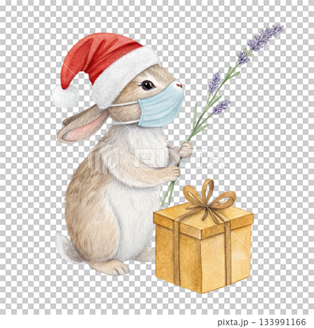 Cute bunny wearing a Santa hat covering its face standing on a gift box Cute bunny wearing a Santa hat covering its face standing on a gift box 133991166