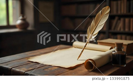An old quill and inkwell on a table, with a bookcase behind, celebrating World Poetry Day and the art of writing 133991875