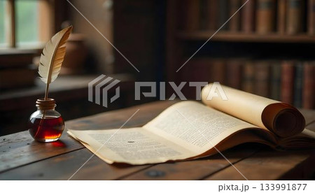 A classic quill and inkwell on a table in front of a bookcase, representing the spirit of World Poetry Day and literary heritage 133991877