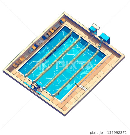 暖色と青で描く正方形の部屋とプールイメージのビジネス用アイコン素材 133992272