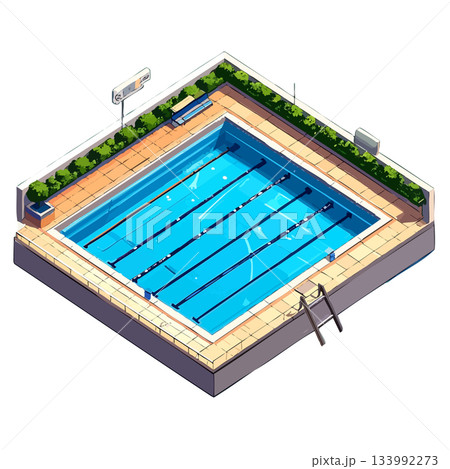 暖色と青で描く正方形の部屋とプールイメージのビジネス用アイコン素材 133992273