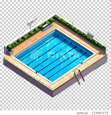 暖色と青で描く正方形の部屋とプールイメージのビジネス用アイコン素材 133992273