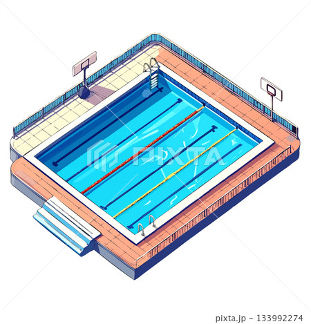 暖色と青で描く正方形の部屋とプールイメージのビジネス用アイコン素材 133992274