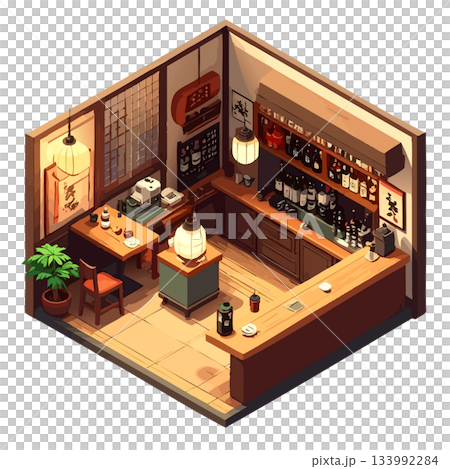 方形居酒屋空間插畫，暖色調室內設計，插畫及圖示素材 133992284