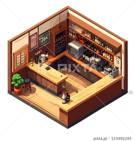 正方形の居酒屋空間イラスト、暖色の店内デザイン、挿絵・アイコン向け素材 133992285