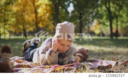 A young boy lies on a colorful blanket in a park, reading a book under the vibrant autumn foliage, enjoying a sunny afternoon among nature's beauty. A young boy lies on a colorful blanket in a park, reading a book under the vibrant autumn foliage, enjoying a sunny afternoon among nature's beauty. 133992557