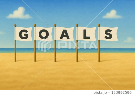 GOALS（ゴールズ）／White Flag Word Illustration on Beach 133992596