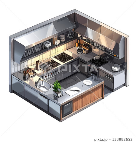 洋風キッチンの正方形部屋イラスト、店舗・仕事・料理現場、アイコン素材 洋風キッチンの正方形部屋イラスト、店舗・仕事・料理現場、アイコン素材 133992652