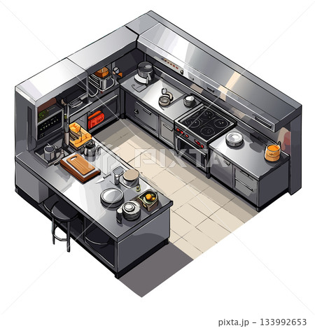 洋風キッチンの正方形部屋イラスト、店舗・仕事・料理現場、アイコン素材 洋風キッチンの正方形部屋イラスト、店舗・仕事・料理現場、アイコン素材 133992653