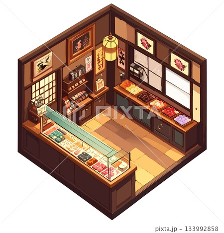 和風レトロな和菓子店の正方形スペース、挿絵・アイコン素材 133992858