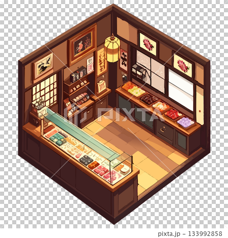 日式復古日式甜點店方形空間、插畫與圖示素材 133992858