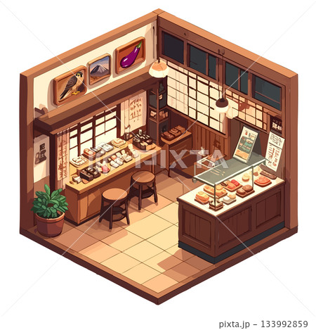 和風レトロな和菓子店の正方形スペース、挿絵・アイコン素材 和風レトロな和菓子店の正方形スペース、挿絵・アイコン素材 133992859