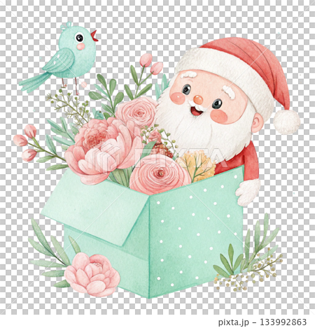 Cute cartoon Santa popping out of a pastel mint gift box Behind the box are soft pastel flowers Cute cartoon Santa popping out of a pastel mint gift box Behind the box are soft pastel flowers 133992863