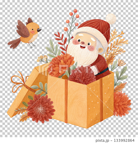 Cute cartoon Santa popping out of a pastel mint gift box Behind the box are soft pastel flowers Cute cartoon Santa popping out of a pastel mint gift box Behind the box are soft pastel flowers 133992864