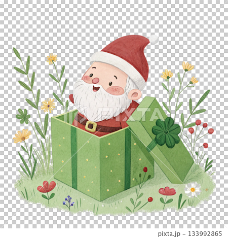 Cute cartoon Santa popping out of a pastel mint gift box Behind the box are soft pastel flowers Cute cartoon Santa popping out of a pastel mint gift box Behind the box are soft pastel flowers 133992865