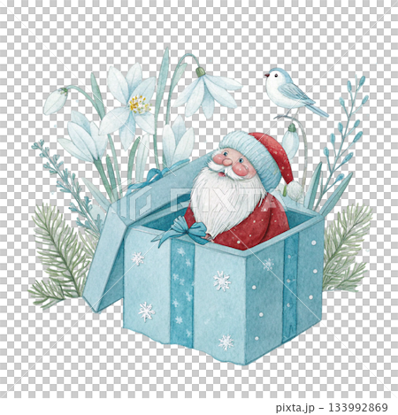 Cute cartoon Santa popping out of a pastel mint gift box Behind the box are soft pastel flowers 133992869