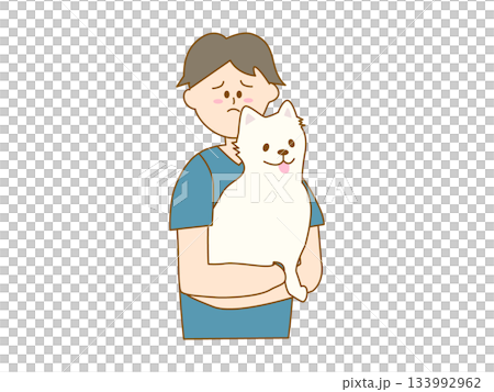Illustration of a troubled male veterinarian holding a dog 133992962