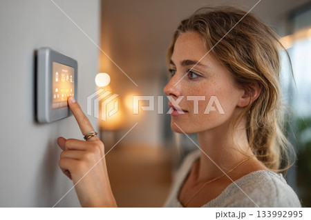 Young woman adjusting smart thermostat on wall with focus and calm 133992995