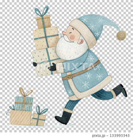 Cute running Santa Claus carrying colorful gift boxes 133993343
