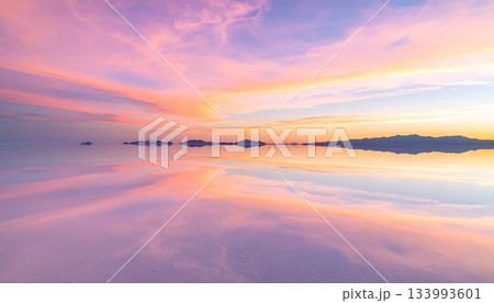 ウユニ塩湖のような鏡面反射の絶景　パステルピンクの夕焼け空の風景　マジックアワー 133993601