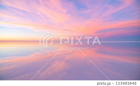 ウユニ塩湖のような鏡面反射の絶景　パステルピンクの夕焼け空の風景　マジックアワー 133993648