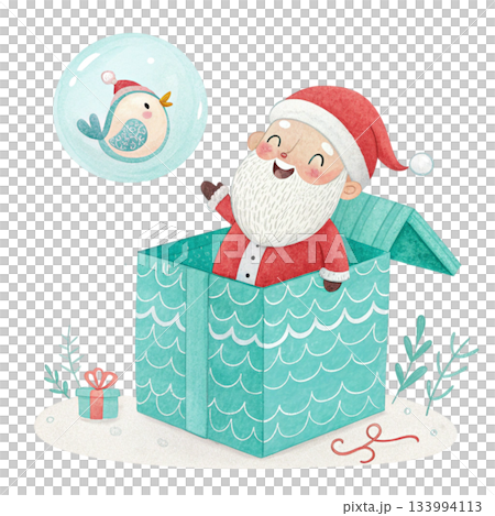 Santa emerging from a fresh floral gift box watercolor texture. On Santa shoulder perches 133994113