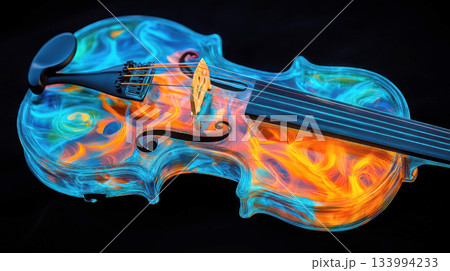 A vibrant, colorful violin showcasing artistic flame designs. 133994233