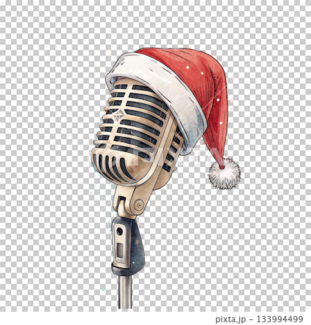 Watercolor illustration of a vintage microphone wearing a Santa hat 133994499