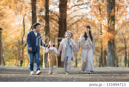 秋の家族写真・紅葉の森で笑顔の三世代家族　祖母と手を繋ぐ歩く孫と子供夫婦 133994713