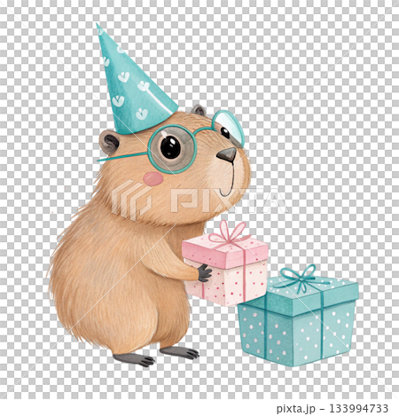Capybara wearing sunglasses Cute Kawaii wearing a party hat standing holding a gift box Capybara wearing sunglasses Cute Kawaii wearing a party hat standing holding a gift box 133994733