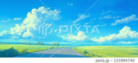 青空と積乱雲と田舎のアスファルトの道の風景、アニメ風 133994740