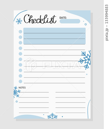 Winter Checklist with snowflakes pattern. Template for print, planner, diary, shopping, organizer, to do list, notes. 133994883