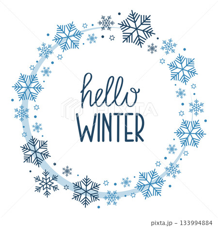 Hello Winter inscription. Round pattern of blue snowflakes. Design for card, decoration, sale, invitation, congratulation. Hello Winter inscription. Round pattern of blue snowflakes. Design for card, decoration, sale, invitation, congratulation. 133994884