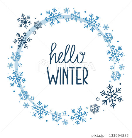 Winter card with snowflake wreath isolated on white background. Hello Winter lettering. Design for greeting card, sale, banner, decor. 133994885