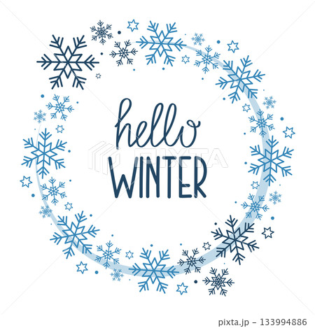 Hello Winter lettering. Vector illustration of snowflake wreath isolated on white background. Design for greeting card, sale, banner, decor. Hello Winter lettering. Vector illustration of snowflake wreath isolated on white background. Design for greeting card, sale, banner, decor. 133994886