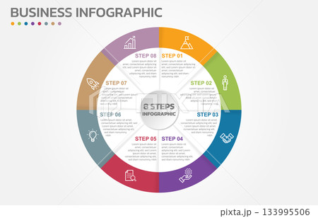 Visual data presentation. Cycle diagram with 8 options. Pie Chart Circle infographic template with 8 steps, options, parts, segments. Business concept. Marketing infographic vector illustration. 133995506
