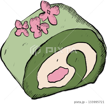 Delicious Matcha Swiss Roll Cake with Pink Flowers Japanese Dessert Illustration 133995721