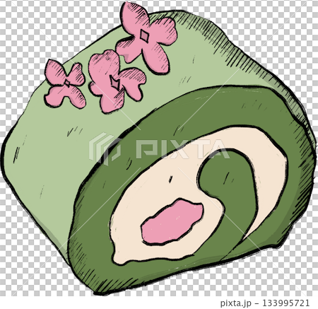 Delicious Matcha Swiss Roll Cake with Pink Flowers Japanese Dessert Illustration 133995721