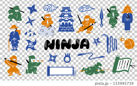 忍者と和風の人物・道具のイラストセット　忍びの動作・武装・古風アイテムの手描き風デザイン 133995739