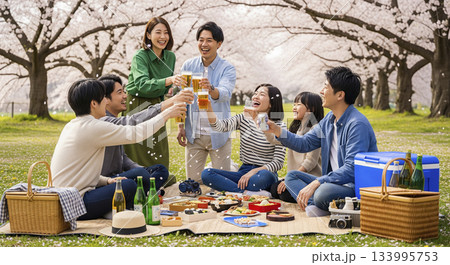 友人たちと公園でお花見しているシーン 133995753