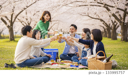 友人たちと公園でお花見しているシーン 133995757