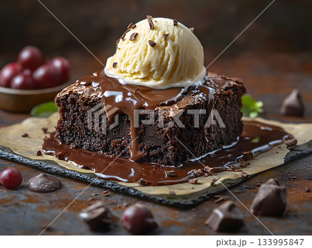 Chocolate Brownie with Melting Vanilla Ice Cream and Hot Fudge Sauce 133995847