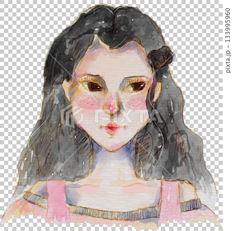 Expressive watercolor portrait of a young person with dark hair freckles pink 133995960