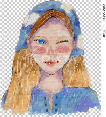 Whimsical watercolor illustration blonde girl winks wears blue headscarf and top Whimsical watercolor illustration blonde girl winks wears blue headscarf and top 133995962