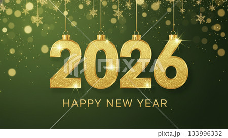 金色の2026文字と星の装飾が輝く緑色の新年グリーティングデザイン 金色の2026文字と星の装飾が輝く緑色の新年グリーティングデザイン 133996332