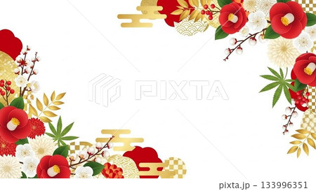 梅や南天があしらわれた和風フレームデザイン背景 133996351