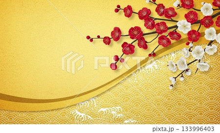 紅白の梅の花と金色の雲の和風パターンの飾り 紅白の梅の花と金色の雲の和風パターンの飾り 133996403