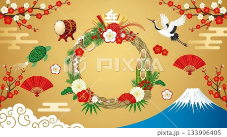 鶴と富士山、梅の花をデザインした華やかな和風の背景 133996405